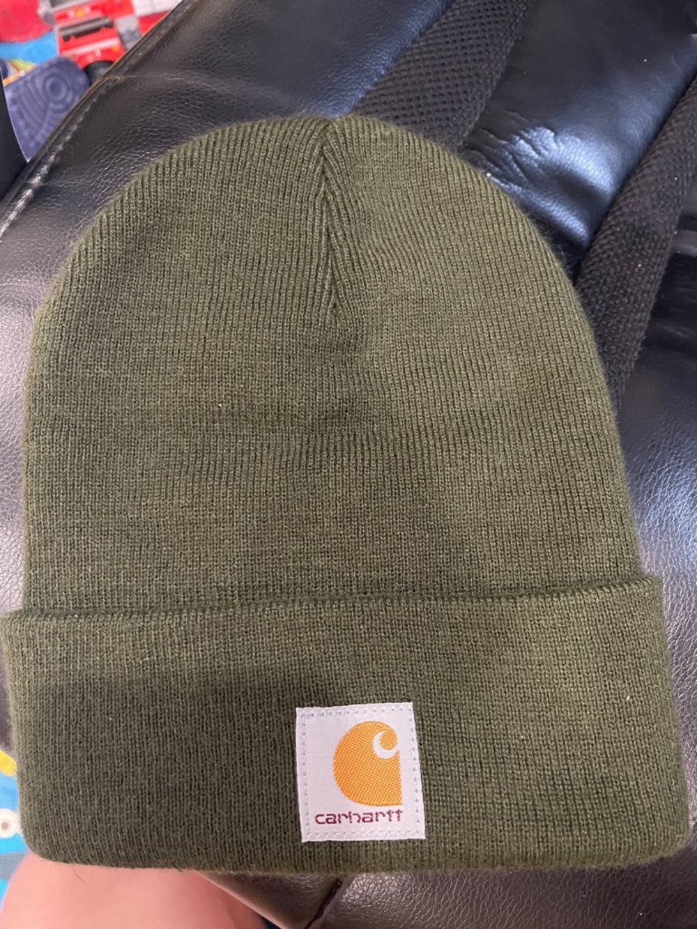 Carhartt Olive Green Knit Cuffed Beanie with Logo Patch